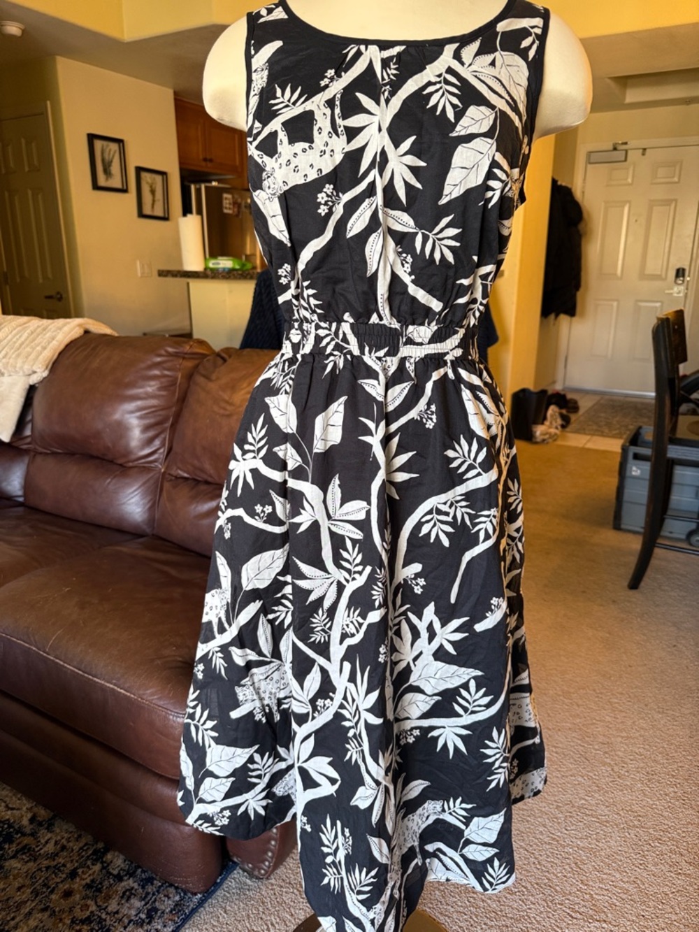 Talbots Sleeveless Black Midi Dress with White Botanical Print
